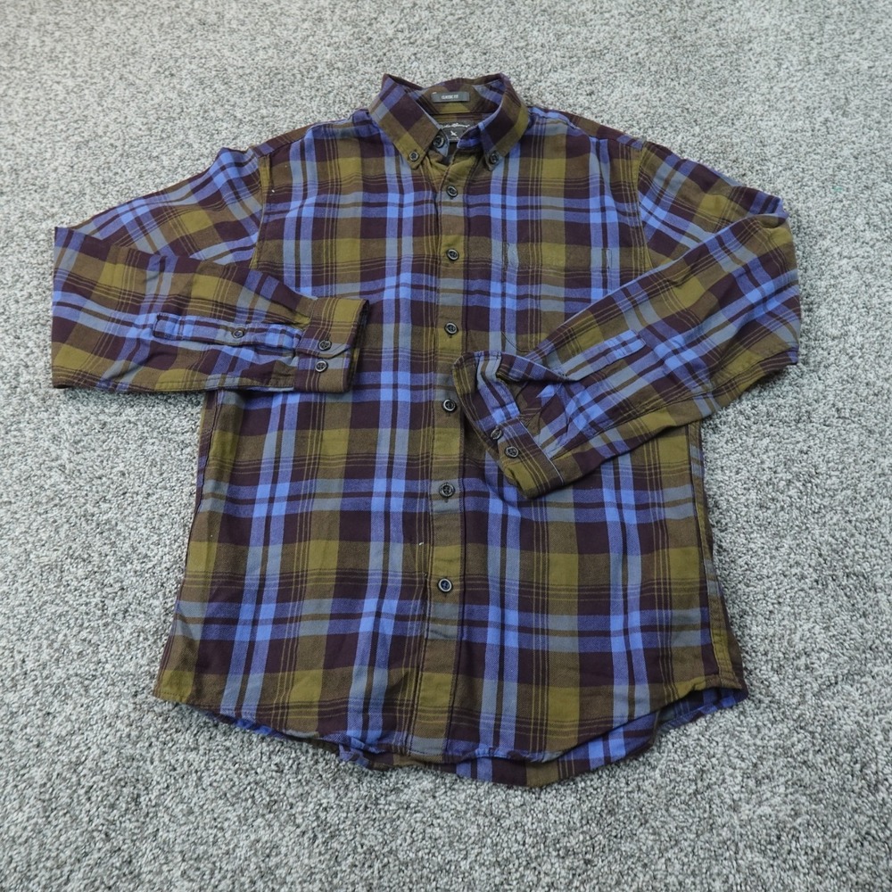 Eddie Bauer Shirt Mens S Blue Brown Plaid Flannel Button Up Long Sleeve Outdoor